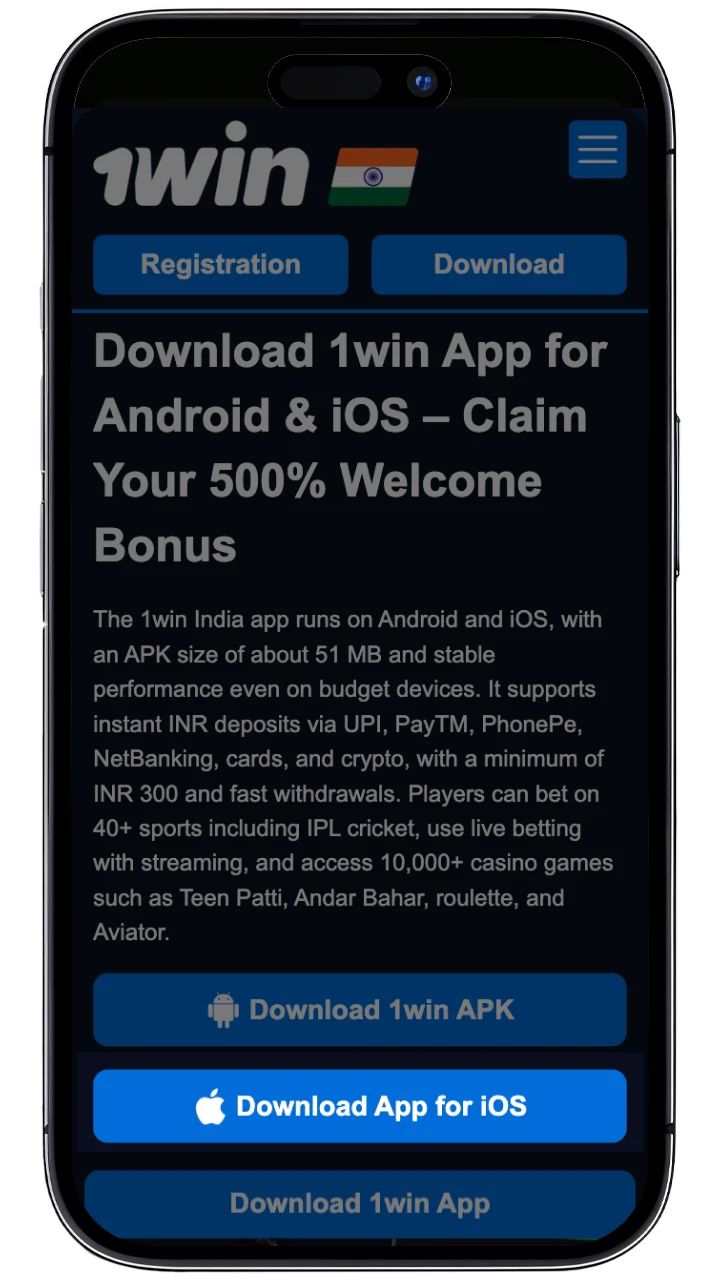1win online casino app on iOS phone