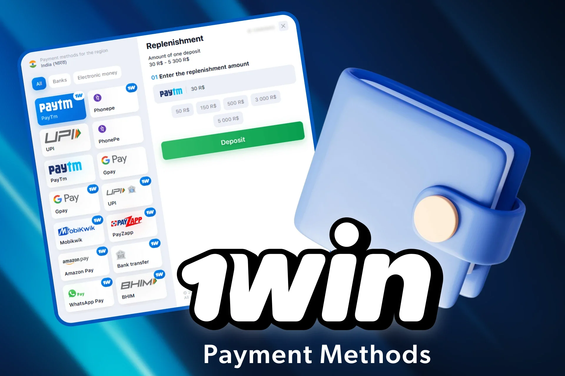 1win offers many different payment options for fast deposits and withdrawals.