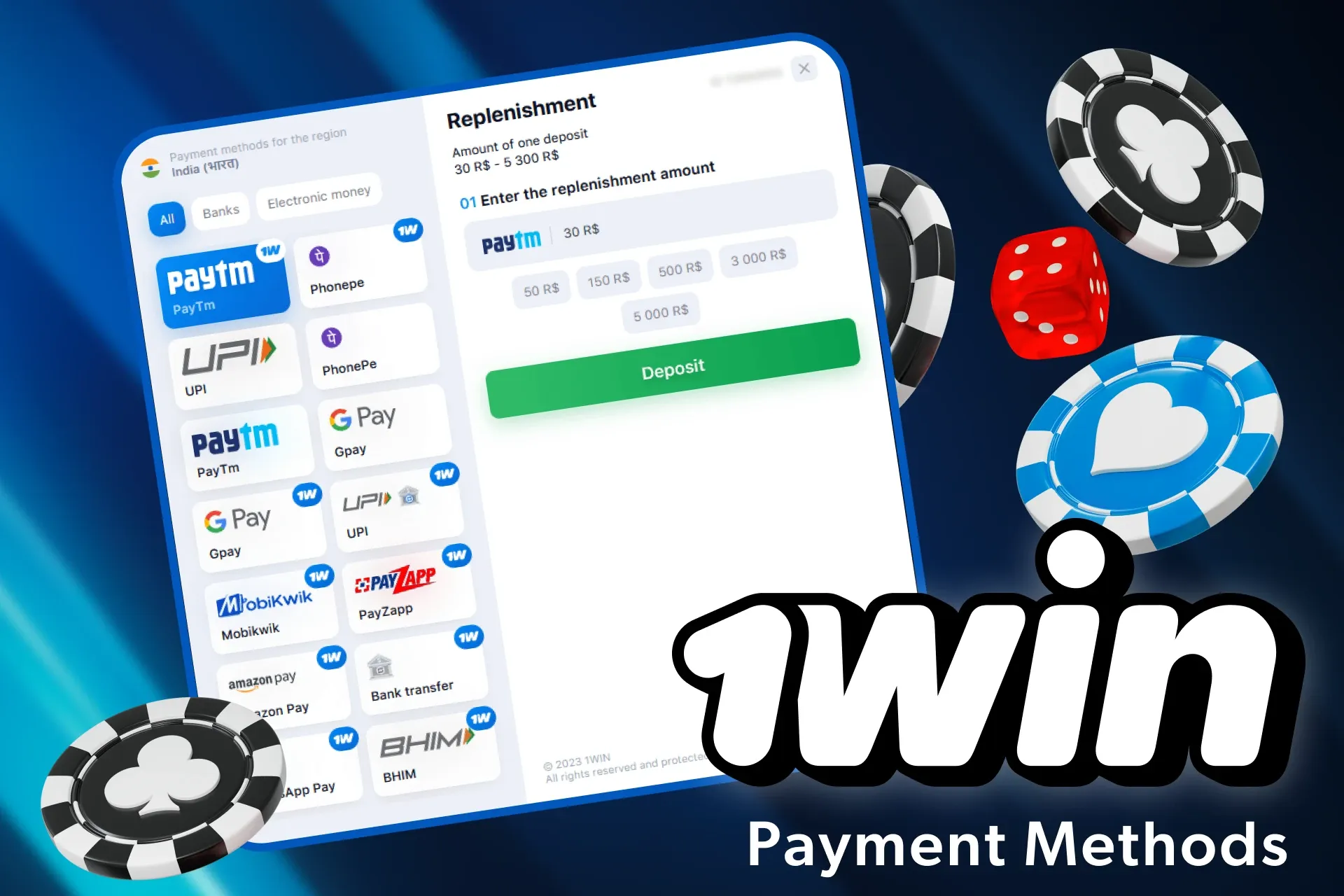 There are various payment methods to deposit 1win and play Lucky Jet on money.