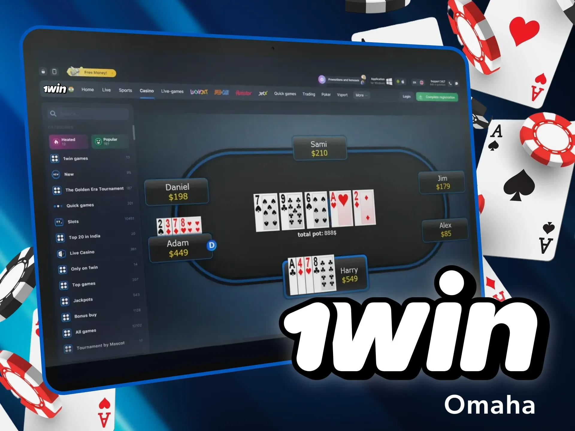 Wim money by playing the Omaha version of poker in the 1win casino.
